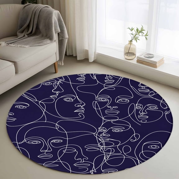 Area Rug 36in, Modern White Line Character Face Floor Carpet Living Room Rug, Abstract Purple Non-Slip Welcome Mat Indoor Rugs for Bedroom Dining Room