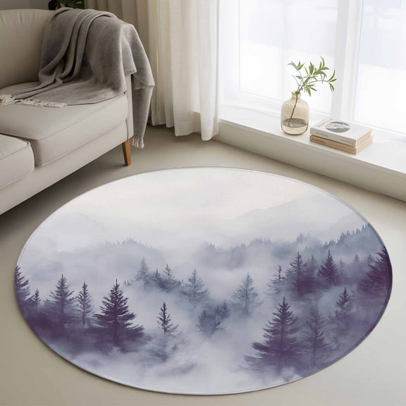 Area Rug 36in, Natural Misty Mountain Tree Forest Floor Carpet Living Room Rug, Wild Hill Foggy Scenery Non-Slip Welcome Mat Indoor Rugs for Bedroom Dining Room