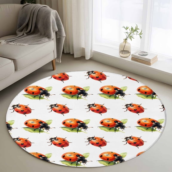 Area Rug 36in, Natural Watercolor Red Black Insects Floor Carpet Living Room Rug, Seven-spotted Ladybug Non-Slip Welcome Mat Indoor Rugs for Bedroom Dining Room