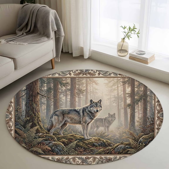Area Rug 36in, Natural Wild Wolf Forest Scenery Floor Carpet Living Room Rug, Animal Botanical Tree Plant Non-Slip Welcome Mat Indoor Rugs for Bedroom Dining Room