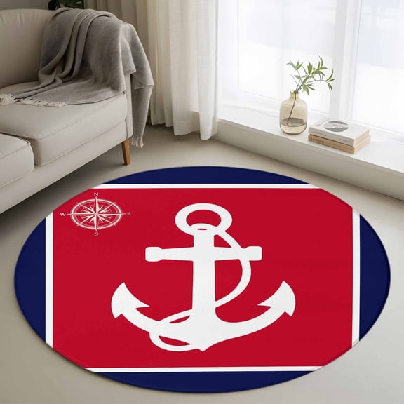 Area Rug 36in, Nautical Anchor Compass Marine Theme Floor Carpet Living Room Rug, Red Blue White Non-Slip Welcome Mat Indoor Rugs for Bedroom Dining Room