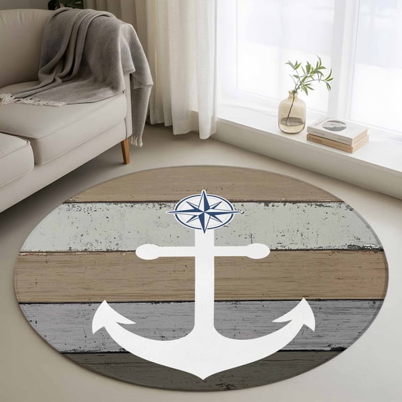 Area Rug 36in, Nautical Anchor Marine Compass Floor Carpet Living Room Rug, Farm Retro Gray Wood Grain Non-Slip Welcome Mat Indoor Rugs for Bedroom Dining Room