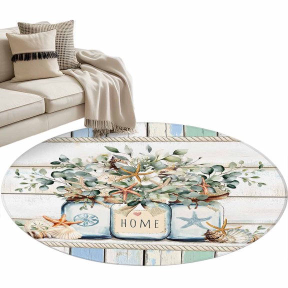Area Rug 36in, Nautical Mini Starfish Shell Floor Carpet Living Room Rug, Eucalyptus Retro Wood Grain Non-Slip Welcome Mat Indoor Rugs for Bedroom Dining Room