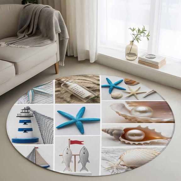 Area Rug 36in, Nautical Ocean Starfish Seashell Patchwork Floor Carpet Living Room Rug, Beach Theme Non-Slip Welcome Mat Indoor Rugs for Bedroom Dining Room