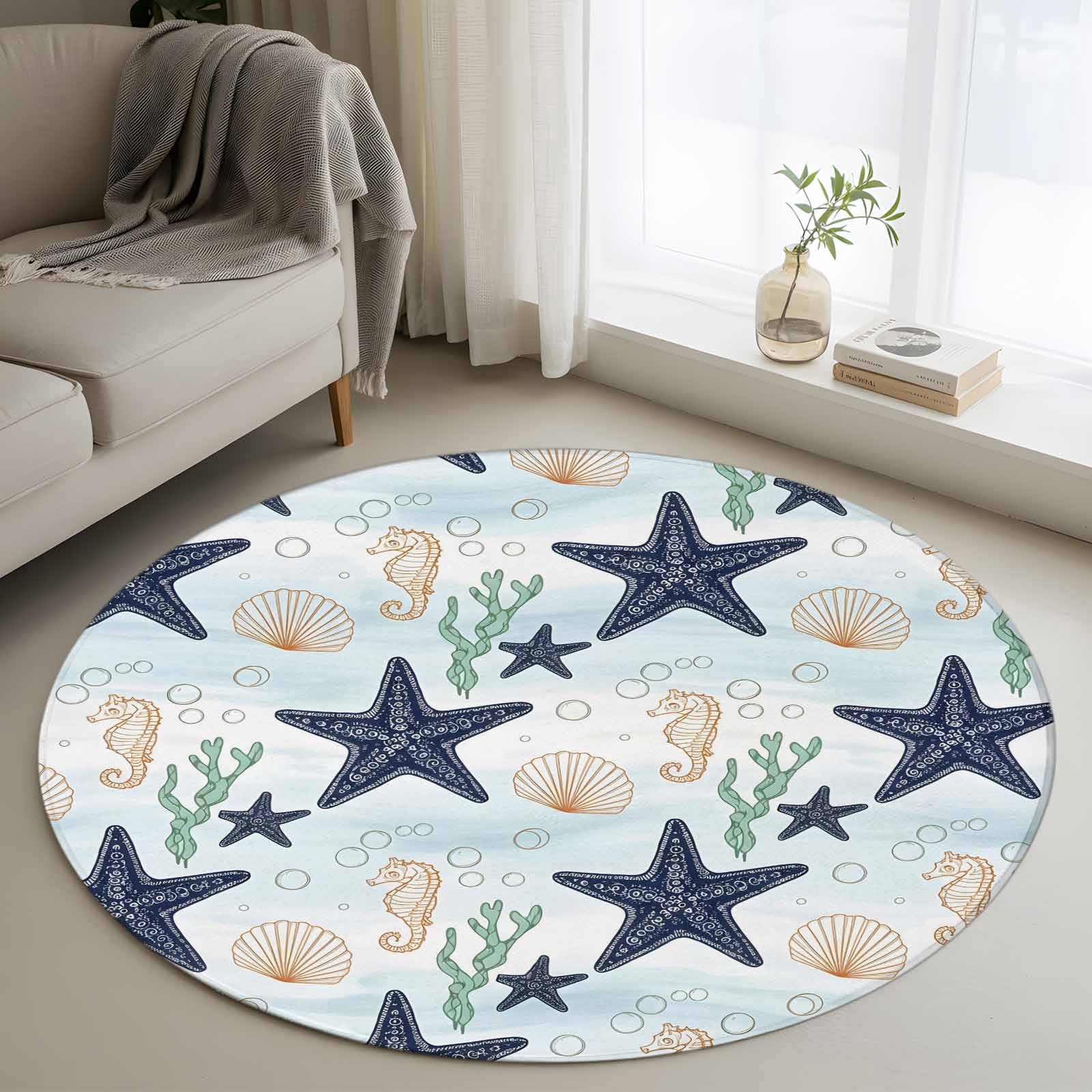 Sea Shell Patern Rug Area Rug 36in, Nautical Starfish Seahorse Seashell Floor Carpet Living ...