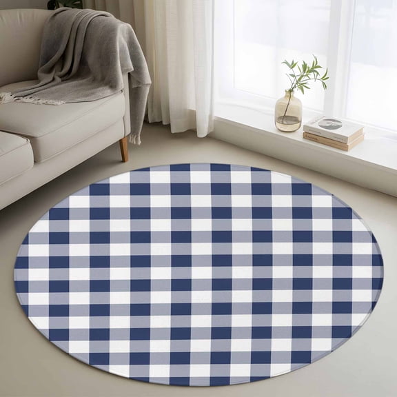 Area Rug 36in, Navy Blue and White Grid Floor Carpet Living Room Rug, Pastoral Farm Theme Non-Slip Welcome Mat Indoor Rugs for Bedroom Dining Room