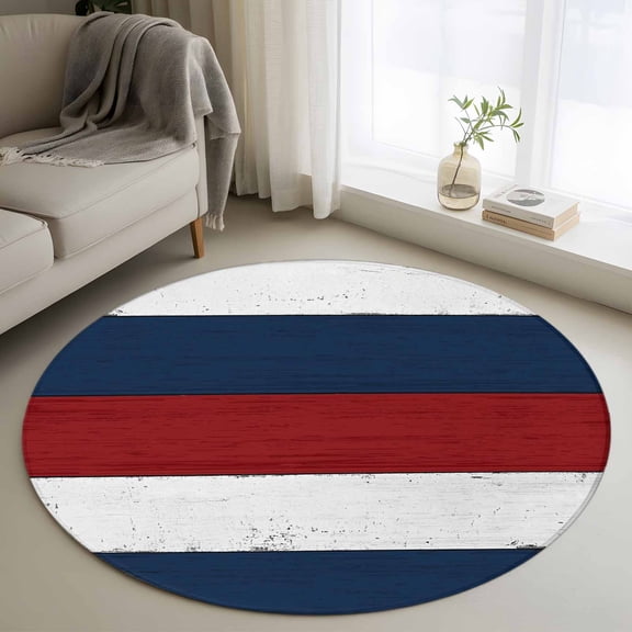 Area Rug 36in, Navy Vintage Barn Wood Board Floor Carpet Living Room Rug, Rustic Blue Red White Plank Non-Slip Welcome Mat Indoor Rugs for Bedroom Dining Room