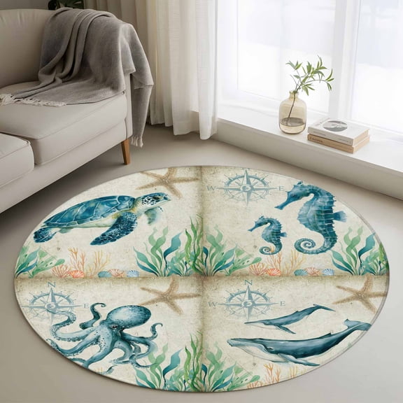 Area Rug 36in, Ocean Beach Theme Floor Carpet Living Room Rug, Turtle Seahorse Octopus Whale Non-Slip Welcome Mat Indoor Rugs for Bedroom Dining Room