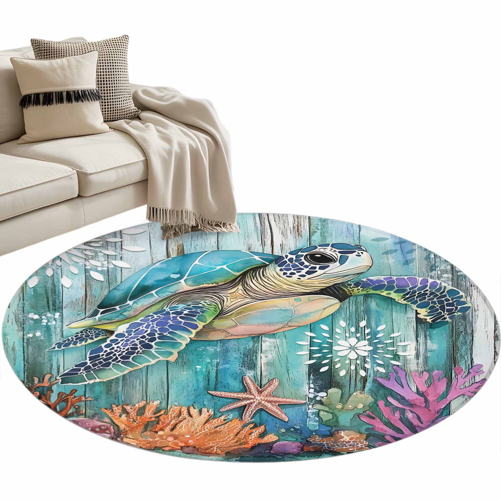 Turtle Round Rug Area Rug 36in, Ocean Coral Turtle Starfish on Vintage Wooden Floor ...