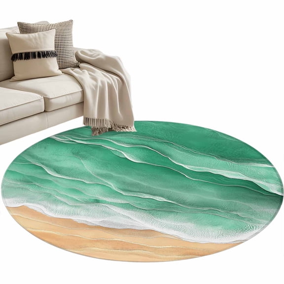 Area Rug 36in, Ocean Green Beige Sea Waves Floor Carpet Living Room Rug, Beach Theme Stripes Non-Slip Welcome Mat Indoor Rugs for Bedroom Dining Room