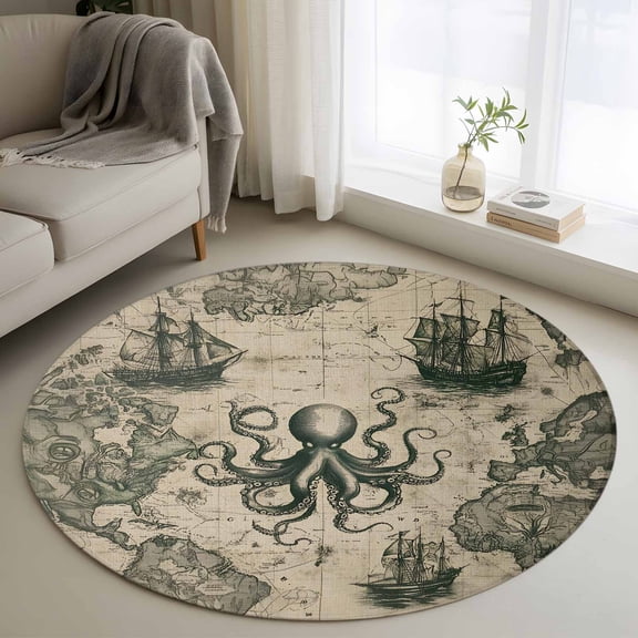 Area Rug 36in, Ocean Octopus Vintage Maps Floor Carpet Living Room Rug, Nautical Ship Non-Slip Welcome Mat Indoor Rugs for Bedroom Dining Room