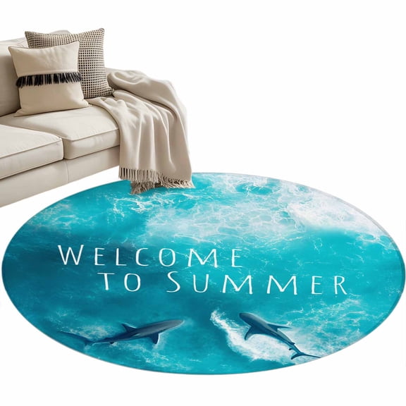 Area Rug 36in, Ocean Shark Welcome to Summer Text Floor Carpet Living Room Rug, Watercolor Marine Theme Non-Slip Welcome Mat Indoor Rugs for Bedroom Dining Room