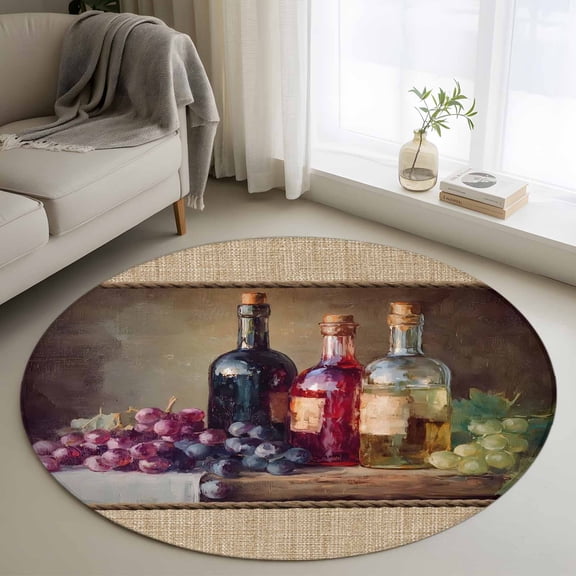 Area Rug 36in, Pastoral Grape Leaves Wine Floor Carpet Living Room Rug, Country Plank Retro Linen Non-Slip Welcome Mat Indoor Rugs for Bedroom Dining Room