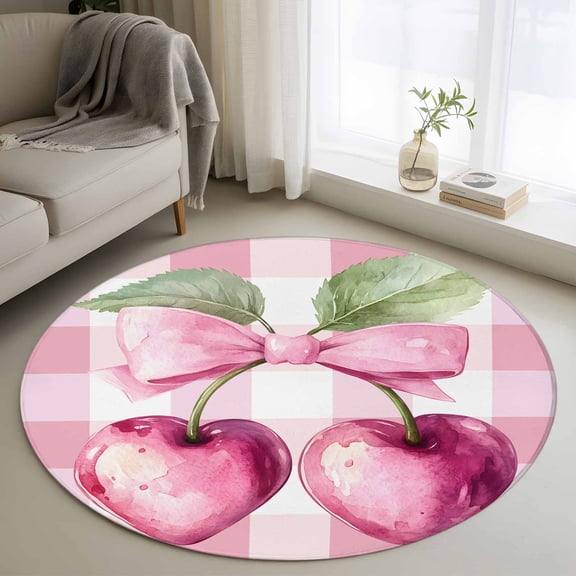 Area Rug 36in, Pastoral Pink Heart Cherry Floor Carpet Living Room Rug, Farm Bow Fruit White Plaid Non-Slip Welcome Mat Indoor Rugs for Bedroom Dining Room
