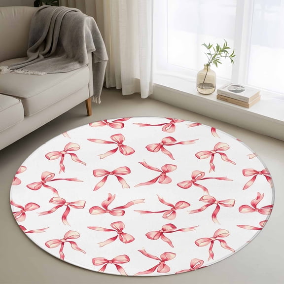 Area Rug 36in, Pink Bow Seamless Floor Carpet Living Room Rug, Romance Non-Slip Welcome Mat Indoor Rugs for Bedroom Dining Room