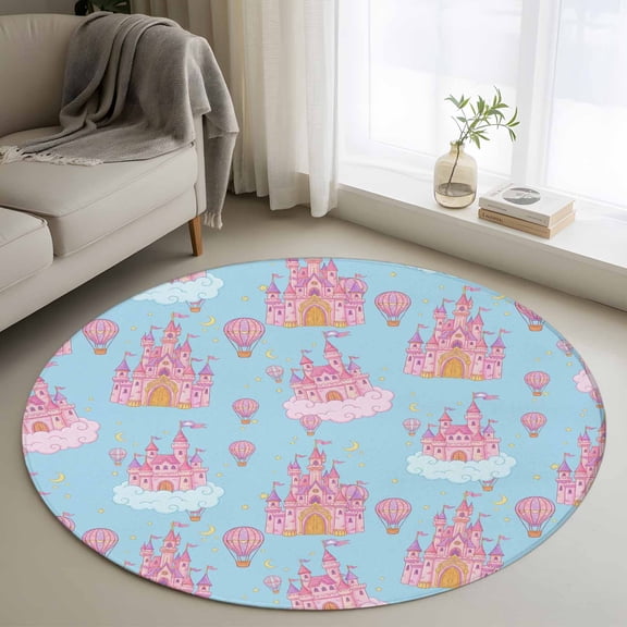 Area Rug 36in, Pink Dream Castle Cloud Balloons on Blue Floor Carpet Living Room Rug, Children's Day Non-Slip Welcome Mat Indoor Rugs for Bedroom Dining Room
