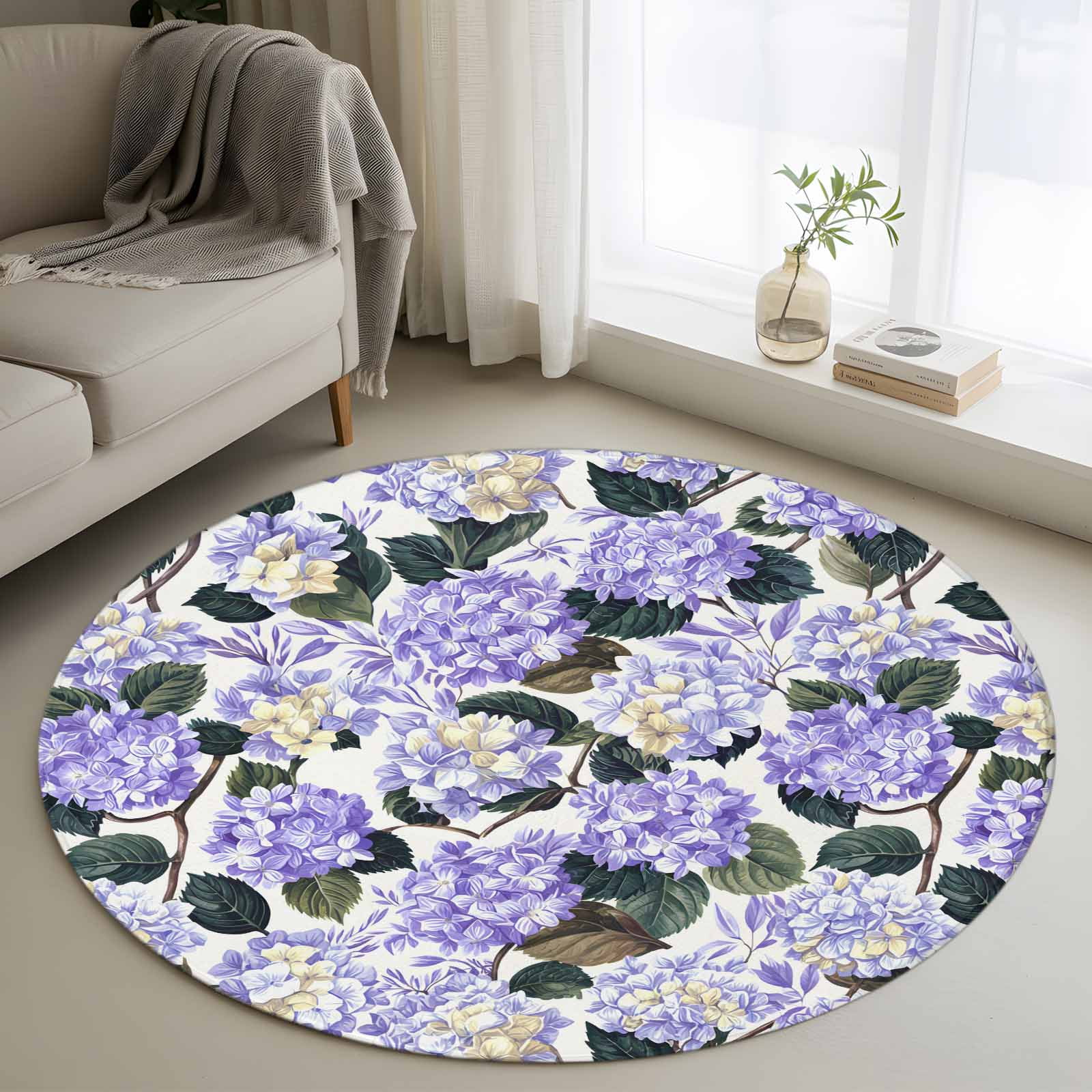 Area Rug 36in, Purple Flower Leaves Hydrangea Floor Carpet Living Room ...