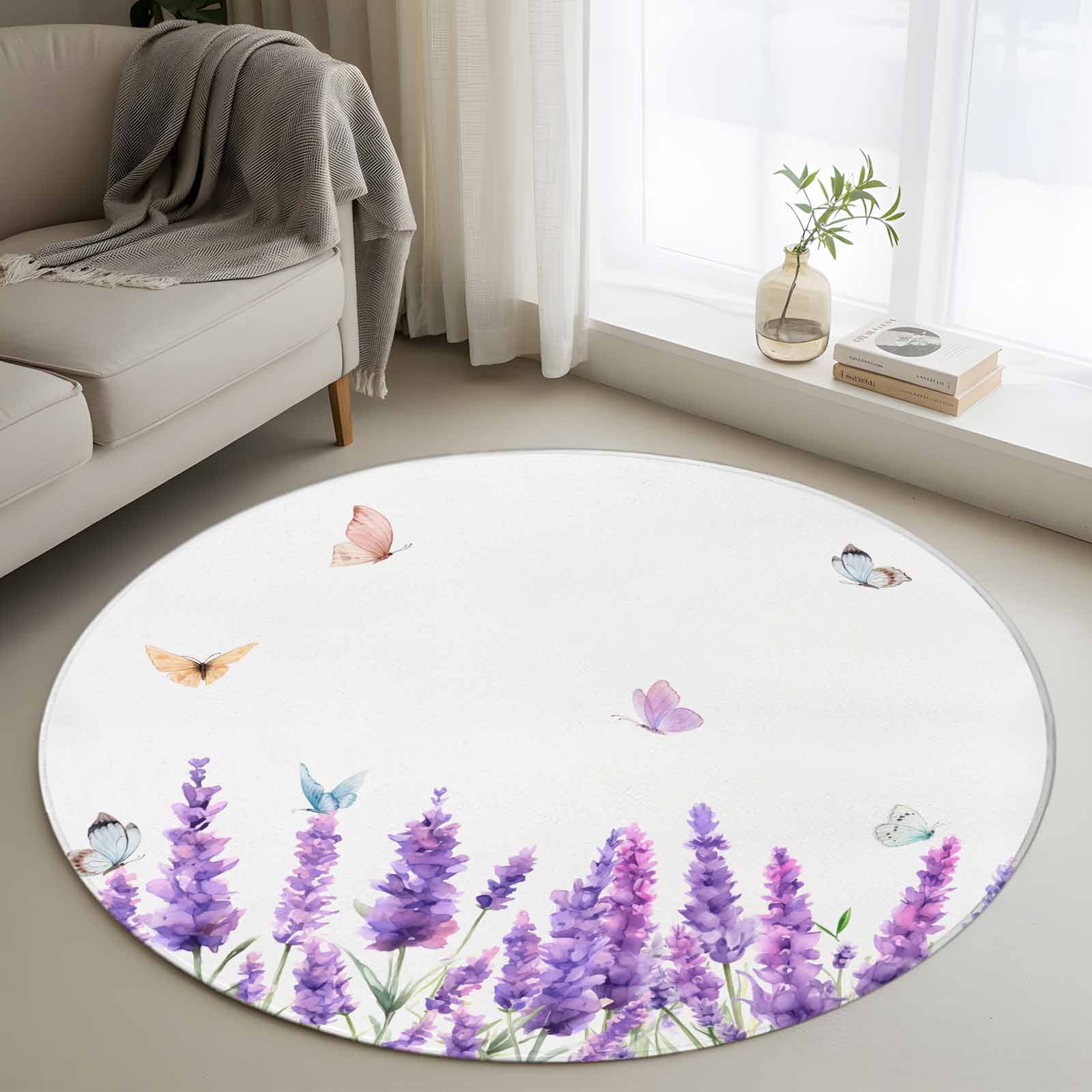 Area Rug 36in, Purple Lavender Flower Butterfly Floor Carpet Living ...