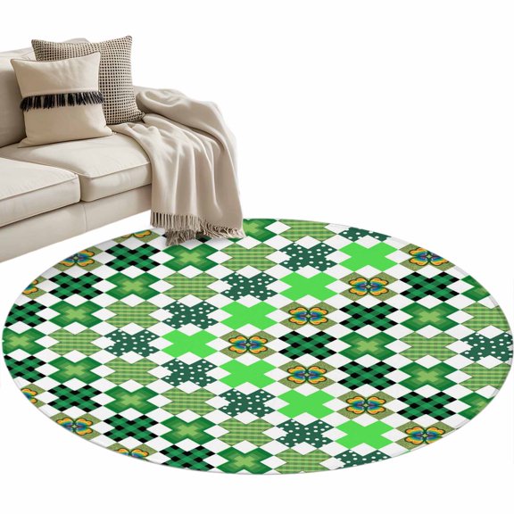 Area Rug 36in, Rainbow Shamrock Check Polka Dot Floor Carpet Living Room Rug, St. Patrick's Day Green Theme Non-Slip Welcome Mat Indoor Rugs for Bedroom Dining Room
