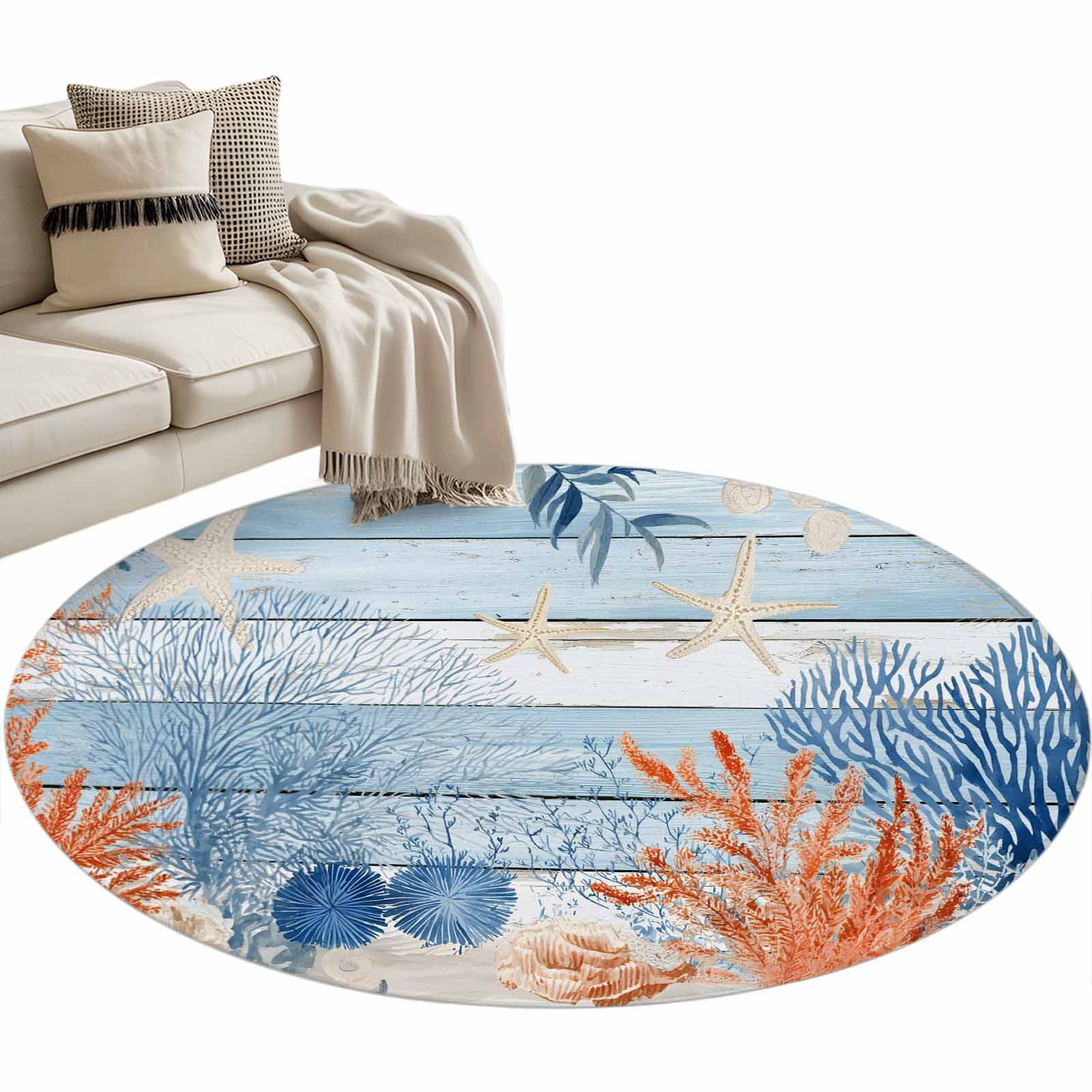 Area Rug 36in, Red Blue Coral Summer Ocean Floor Carpet Living Room Rug ...