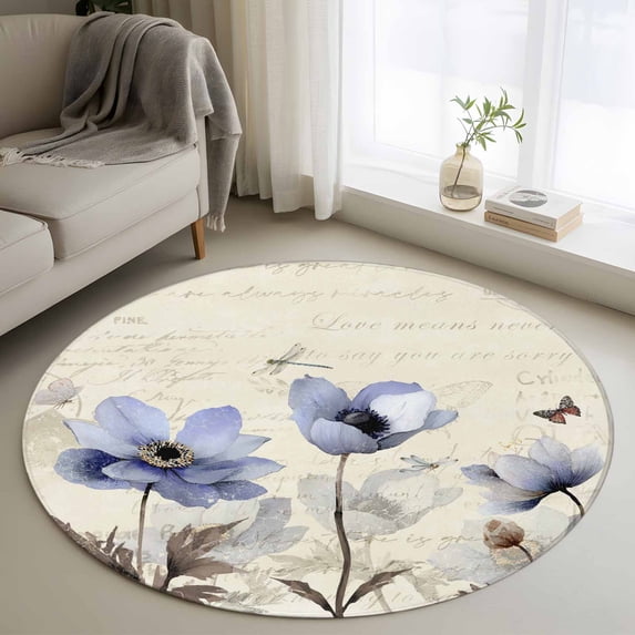 Area Rug 36in, Retro Blossom Blue Purple Floral Floor Carpet Living Room Rug, Flower on Postcard Texture Non-Slip Welcome Mat Indoor Rugs for Bedroom Dining Room