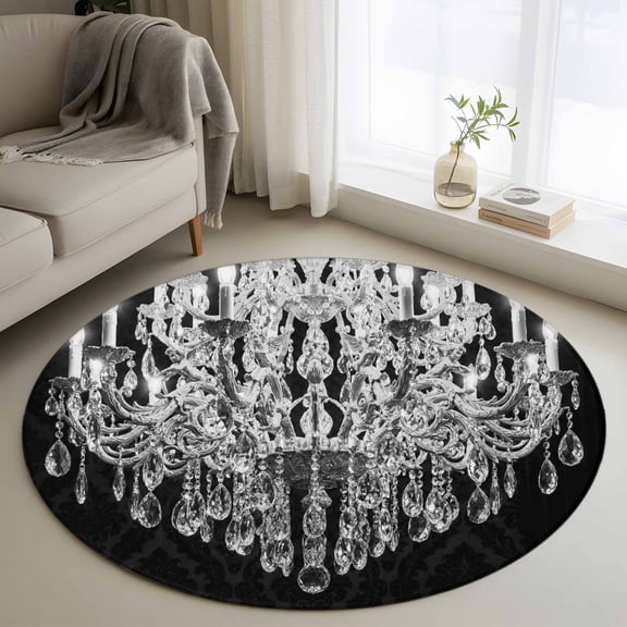 Area Rug 36in, Retro Crystal Chandelier Floor Carpet Living Room Rug, Modern Monochrome Art Non-Slip Welcome Mat Indoor Rugs for Bedroom Dining Room