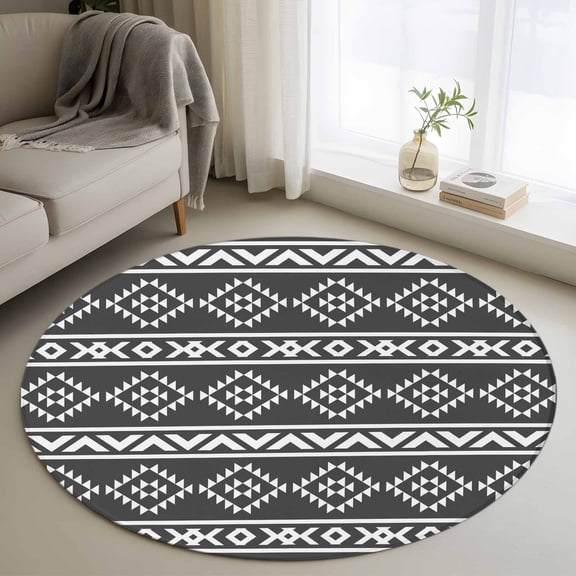 Area Rug 36in, Retro Ethnic Dark Gray Geometric Art Floor Carpet Living Room Rug, Native Tribal Texture Non-Slip Welcome Mat Indoor Rugs for Bedroom Dining Room