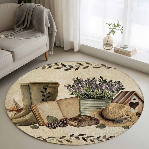 Area Rug 36in, Retro Farmhouse Theme Floor Carpet Living Room Rug, Country Vintage Flower Leaf Boots Plant Non-Slip Welcome Mat Indoor Rugs for Bedroom Dining Room