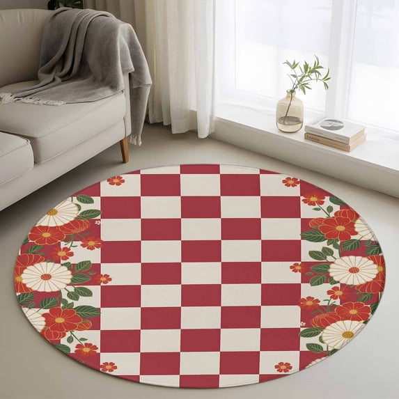 Area Rug 36in, Retro Japanese Flowers Floor Carpet Living Room Rug, Classic Red White Plaid Non-Slip Welcome Mat Indoor Rugs for Bedroom Dining Room