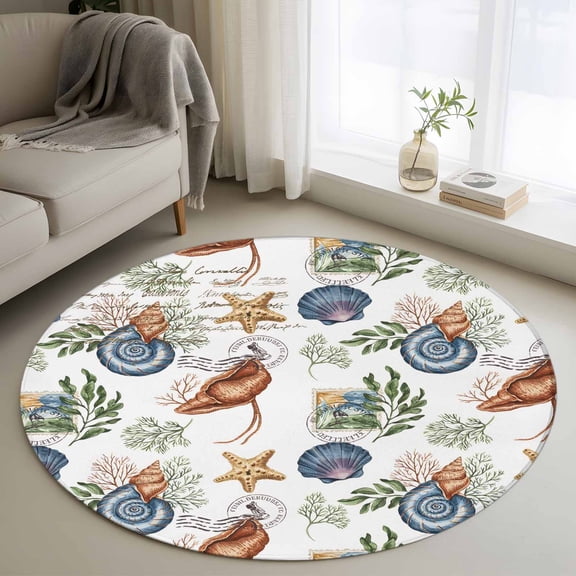 Area Rug 36in, Retro Seaside Marine Life Floor Carpet Living Room Rug, Watercolor Shells Starfish Plants Non-Slip Welcome Mat Indoor Rugs for Bedroom Dining Room