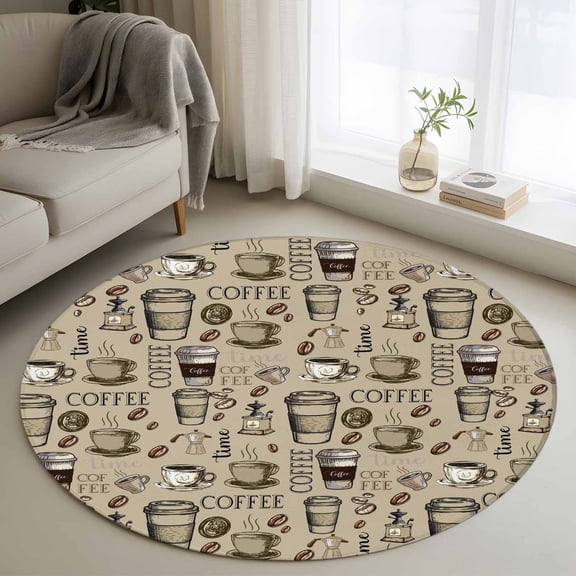 Area Rug 36in, Retro Sketch Coffee Set Bean with Quote Floor Carpet Living Room Rug, Aromatic Drink on Khaki Non-Slip Welcome Mat Indoor Rugs for Bedroom Dining Room