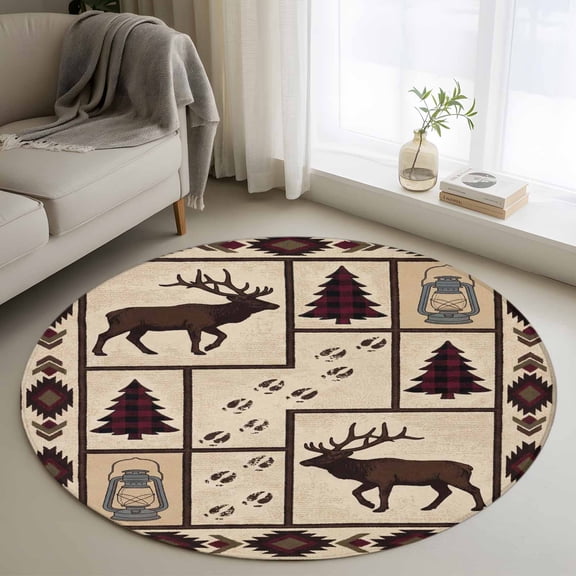 Area Rug 36in, Retro Southwest Geometric Floor Carpet Living Room Rug, Reindeer Pine Tree Non-Slip Welcome Mat Indoor Rugs for Bedroom Dining Room