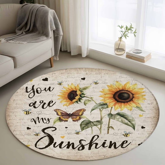 Area Rug 36in, Retro Sunflower Sunshine Quote Floor Carpet Living Room Rug, Butterfly Floral Bee on Letter Non-Slip Welcome Mat Indoor Rugs for Bedroom Dining Room
