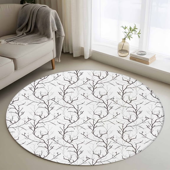 Area Rug 36in, Retro Tree Branches Texture Floor Carpet Living Room Rug, Vintage Plants on White Non-Slip Welcome Mat Indoor Rugs for Bedroom Dining Room