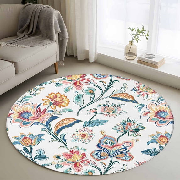 Area Rug 36in, Retro Watercolor Flower Leaves Floor Carpet Living Room Rug, Abstract Floral Plant Non-Slip Welcome Mat Indoor Rugs for Bedroom Dining Room