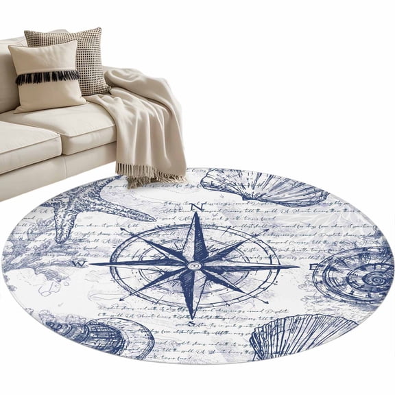 Area Rug 36in, Retro Watercolor Starfish Compass Floor Carpet Living Room Rug, Nautical Theme Letter Back Non-Slip Welcome Mat Indoor Rugs for Bedroom Dining Room