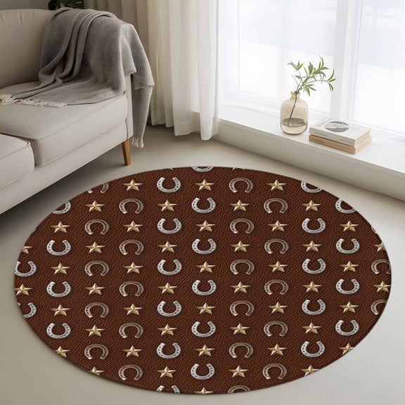 Area Rug 36in, Retro Western Horse-footed Iron on Brown Floor Carpet Living Room Rug, Yellow Star Non-Slip Welcome Mat Indoor Rugs for Bedroom Dining Room