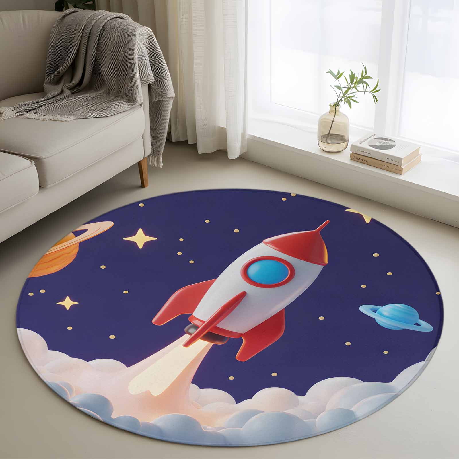 Area Rug 36in, Rocket Space Universe Planet Floor Carpet Living Room ...