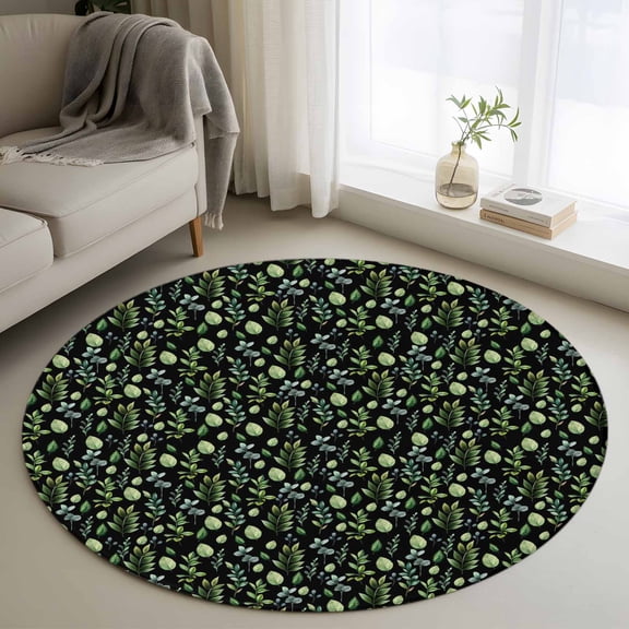 Area Rug 36in, Rural Retro Plant Leaves Floor Carpet Living Room Rug, Green Botanical on Black Non-Slip Welcome Mat Indoor Rugs for Bedroom Dining Room