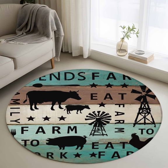 Area Rug 36in, Rustic Animal on Teal Brown Wood Floor Carpet Living Room Rug, Farm Quote Pig Cow Rooster Non-Slip Welcome Mat Indoor Rugs for Bedroom Dining Room