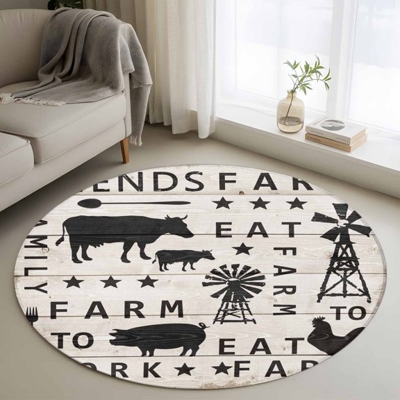 Area Rug 36in, Rustic Animals Windmills Farm Quote Floor Carpet Living Room Rug, Vintage Beige Wood Grain Non-Slip Welcome Mat Indoor Rugs for Bedroom Dining Room
