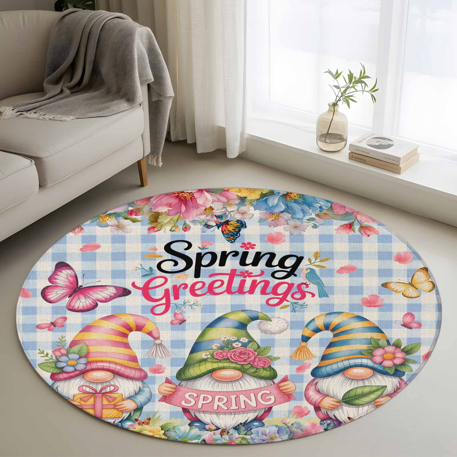 Greetings Rug Area Rug 36in, Rustic Gnome Floral Blue Plaid Floor Carpet Living Room ...