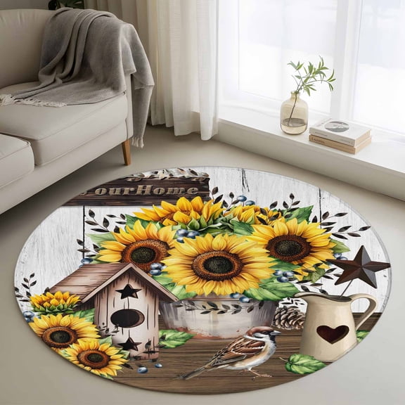 Area Rug 36in, Rustic Retro Wood Plank Bird Floor Carpet Living Room Rug, Country Bird Sunflower Pine Cone Non-Slip Welcome Mat Indoor Rugs for Bedroom Dining Room