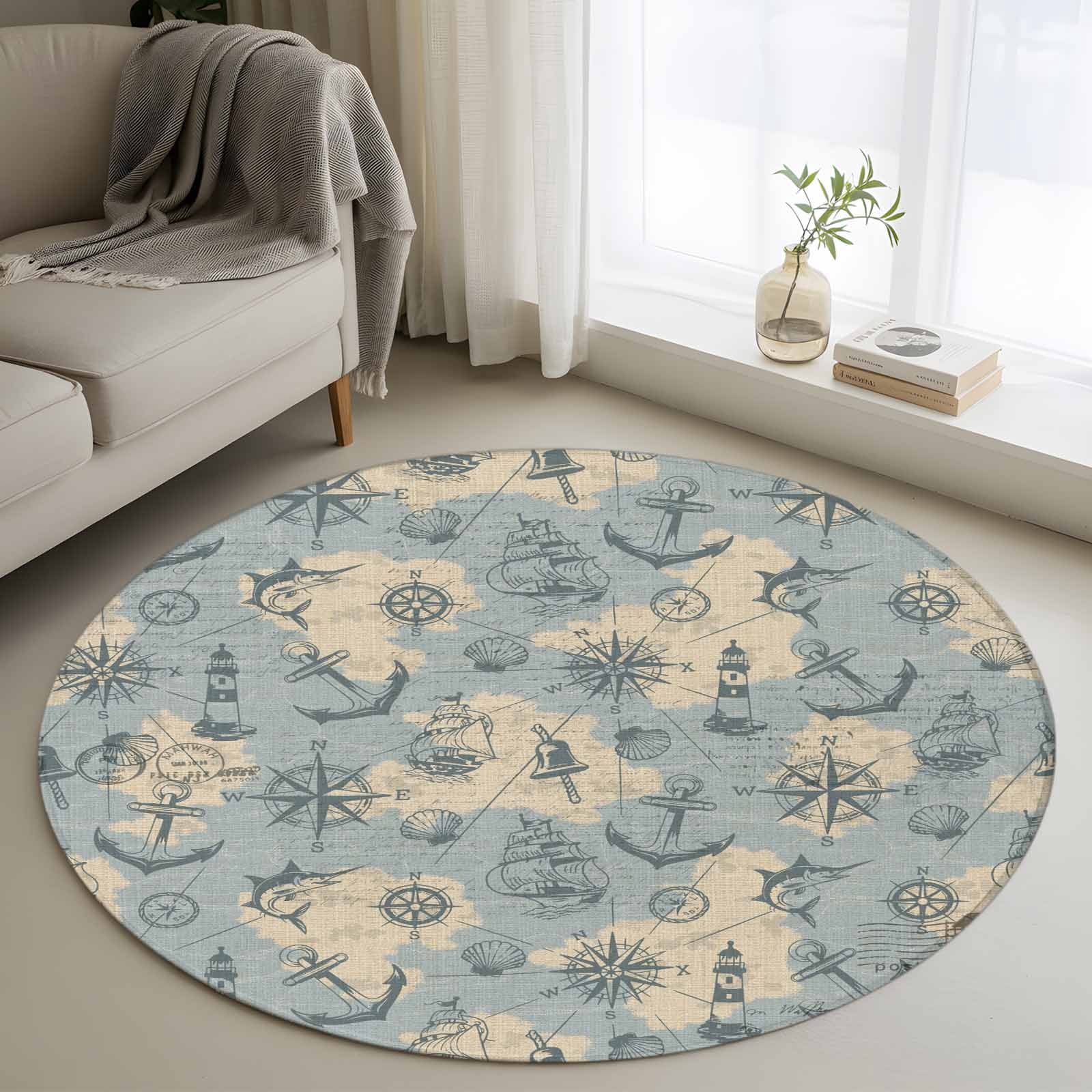 Area Rug 36in, Sailing Anchor Compass Lighthouse Floor Carpet Living ...