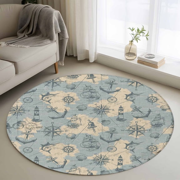 Area Rug 36in, Sailing Anchor Compass Lighthouse Floor Carpet Living Room Rug, Retro Fish on Map Non-Slip Welcome Mat Indoor Rugs for Bedroom Dining Room