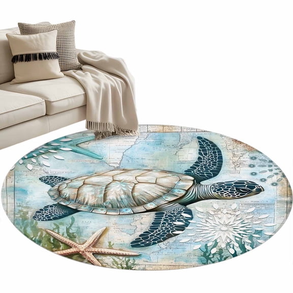 Area Rug 36in, Sea Turtle Ocean Starfish Coral Floor Carpet Living Room Rug, Vintage Map Blue Ocean World Non-Slip Welcome Mat Indoor Rugs for Bedroom Dining Room