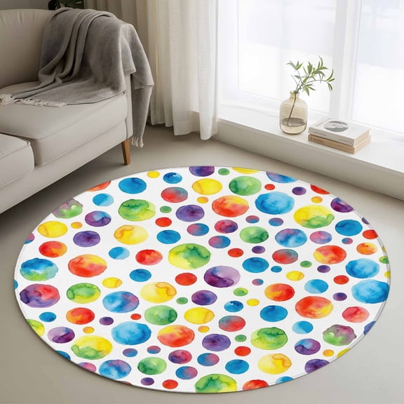Area Rug 36in, Seamless Colorful Polka Dots Floor Carpet Living Room Rug, Watercolor Circle on White Non-Slip Welcome Mat Indoor Rugs for Bedroom Dining Room