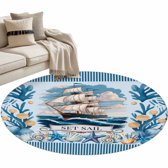 Area Rug 36in, Set Sail Sailing Ships Floor Carpet Living Room Rug, Blue Corals Sea Nuts Striped Non-Slip Welcome Mat Indoor Rugs for Bedroom Dining Room