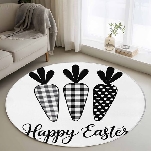 Area Rug 36in, Spring Black White Buffalo Checkered Carrot Floor Carpet Living Room Rug, Happ Easter Non-Slip Welcome Mat Indoor Rugs for Bedroom Dining Room
