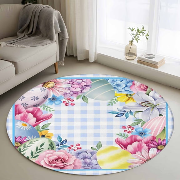 Area Rug 36in, Spring Blossom Flower Blue Checkered Floor Carpet Living Room Rug, Easter Egg Floral Berry Non-Slip Welcome Mat Indoor Rugs for Bedroom Dining Room